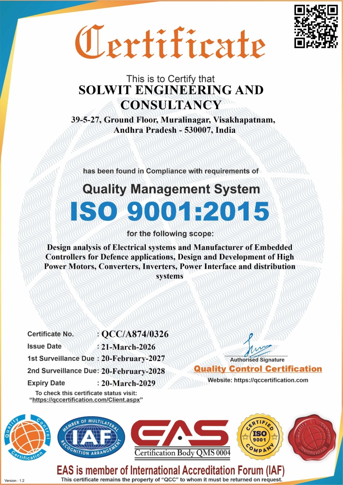 ISO 9001:2015 Certificate - SOLWIT ENGINEERING AND CONSULTANCY